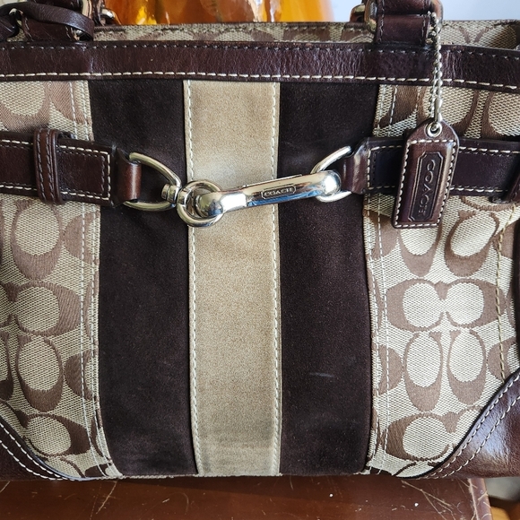 Vintage Coach Hampton Signature Demi Khaki Striped Brown and Tan Satche - Picture 13 of 14